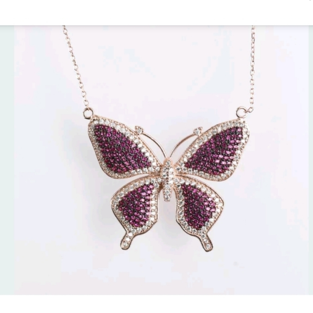 18"rose gold, ruby &white topaz butterfly necklace - Picture 3 of 4